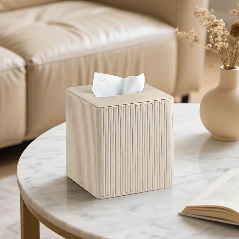 Luxury Square Tissue Box PU Material with Roman Column Stripe Design Suitable for Living Room Desktop Tissue Storage Home Decor