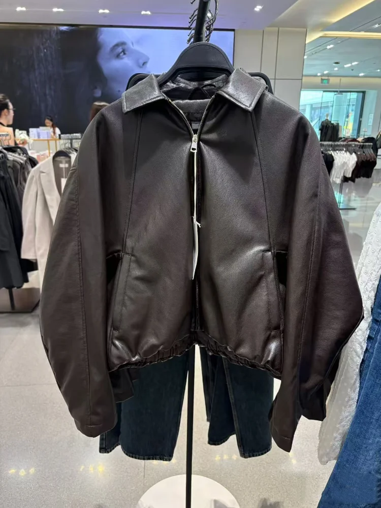 

American Sle Retro ort Collar Faux Leather Pilot Jaet Women's Outerwear Zipper Closure Color Casual Coat