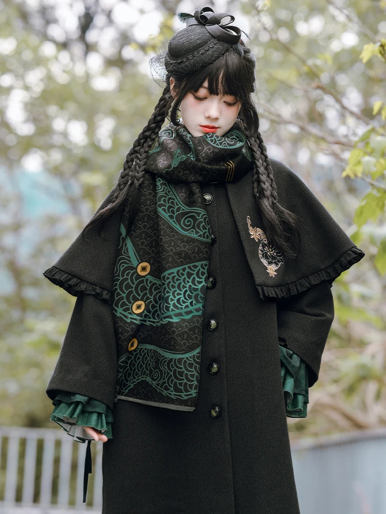 New Chinese Style National Style Han Elements Cashmere Printing Shawl Autumn And Winter Keep Warm Outfit Scarf Blackish Green