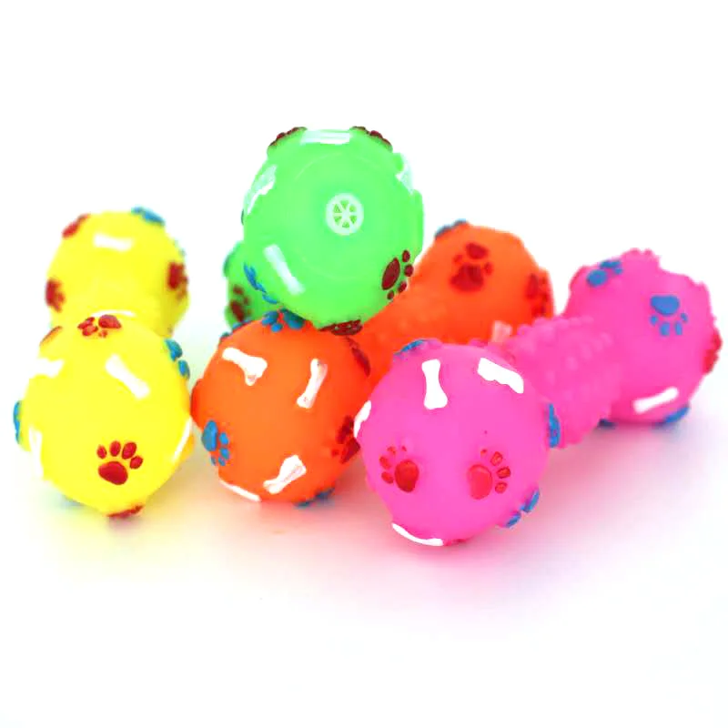 Pet Bite Toys Solid PVC Paw Print Dumbbell  Chew Interactive Squeaker Play Sound Teeth Cleaning Non-toxic Household Animals Dogs