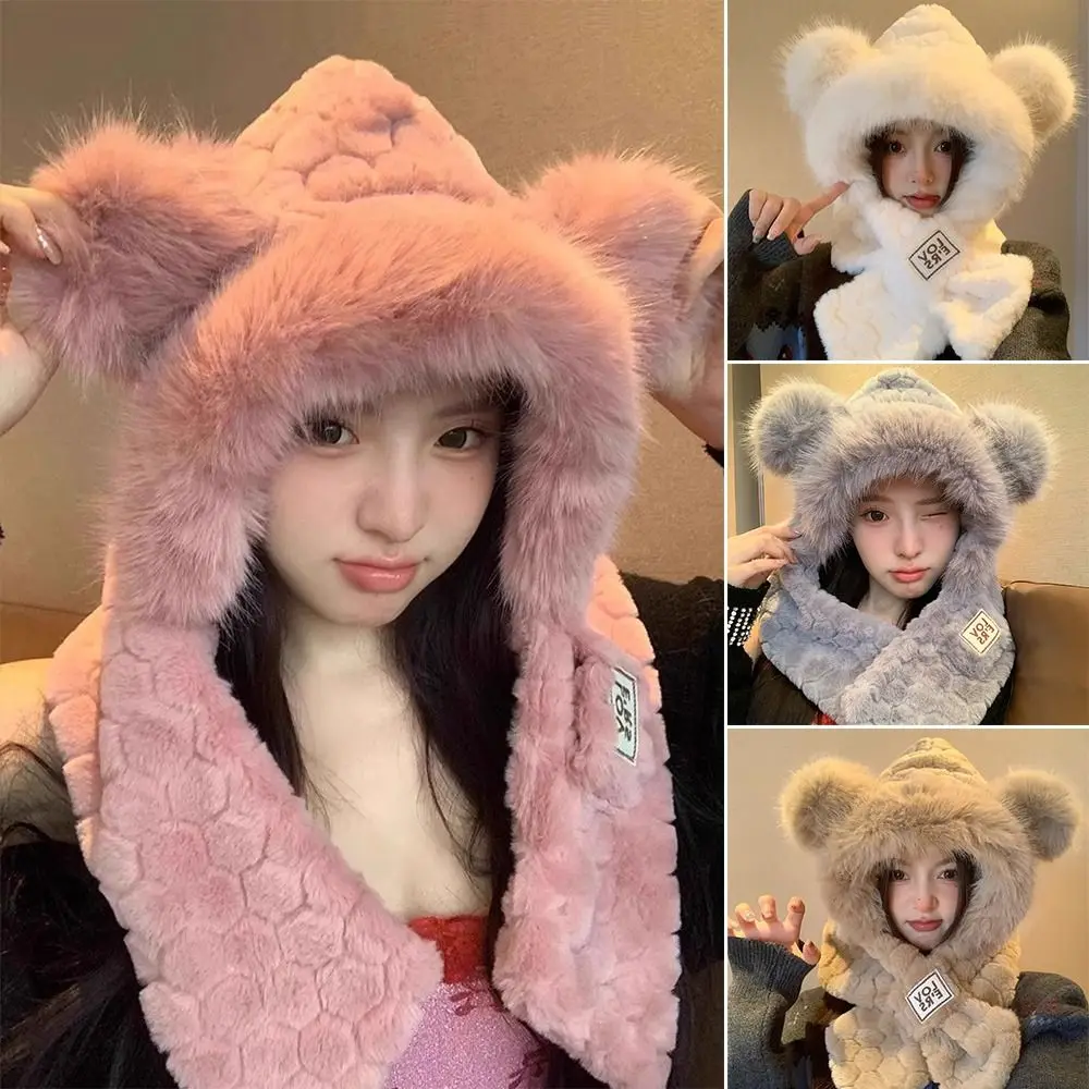 

Fashion Plush Winter Integrated Cap Scarf Windproof Warm Ear Protection Hat Casual Soft Beanie Hat Scarf for Women