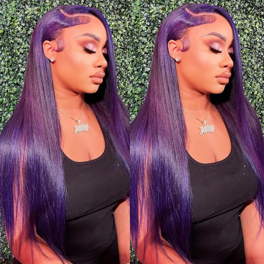 

Straight Dark Purple Transparent HD Lace Frontal Human Hair Wig PrePlucked For Women Brazilian Remy Hair 13x4 Lace Front Wigs