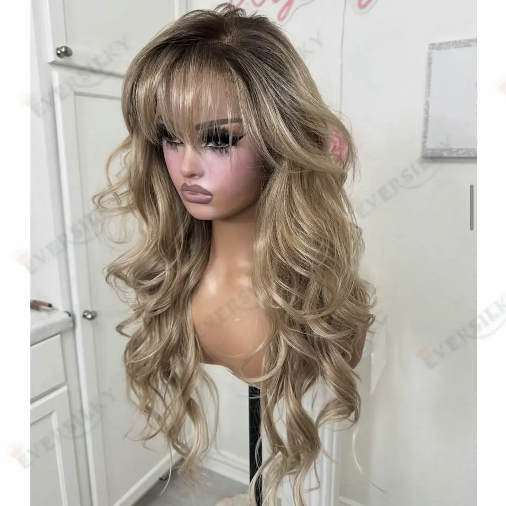 26 Zoll lockere, gewellte Damen-Perücken aus Echthaar mit vollem Spitzenansatz und Pony, dunkelbraune Wurzeln, Ombré-Aschblond, 13x6 Spitzenfront/5x5HD Spitzenperücken – Detail 4