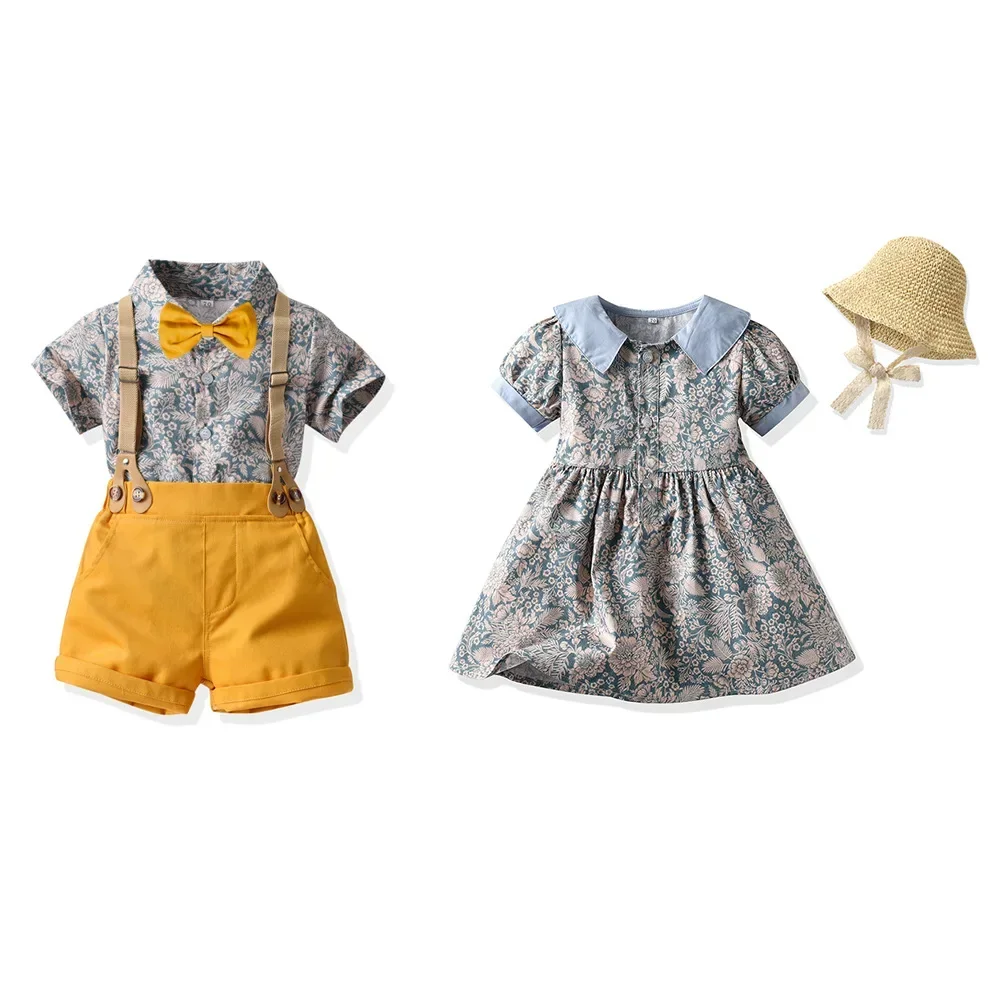 Brother and Sister Matching Summer Kid Children Clothes Baby Boy Floral Short Sleeve Shirt + Shorts Suit Baby Girl Flower Dress