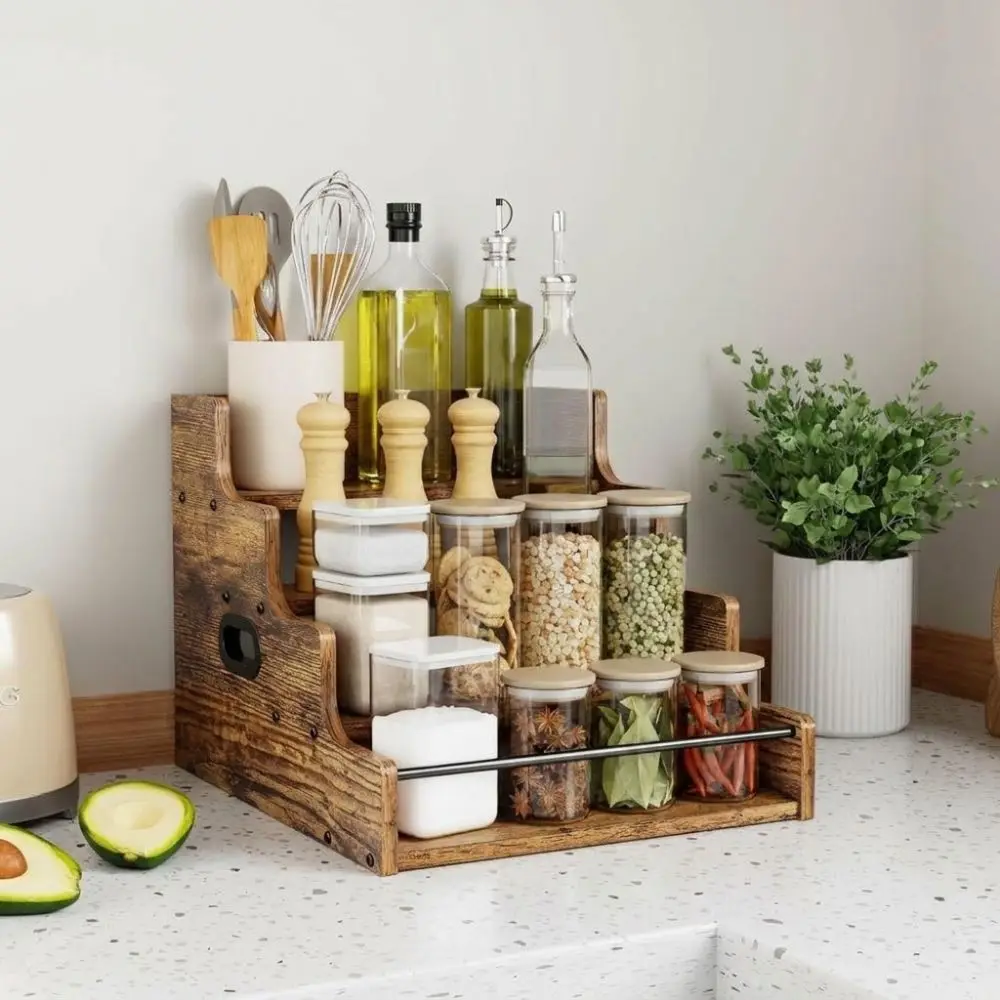 Wooden Liquor Bottle Display Shelf Detachable Rustic Kitchen Seasoning Stand Stable Heavy-Duty Liquor Cabinet Restaurant