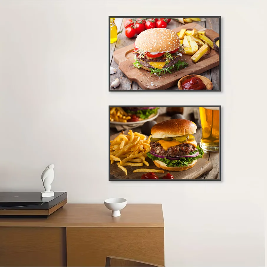 Frameless Canvas Print Burger Fast Food Wall Art Hamburger French Fries Beer Picture Home Decor Poster