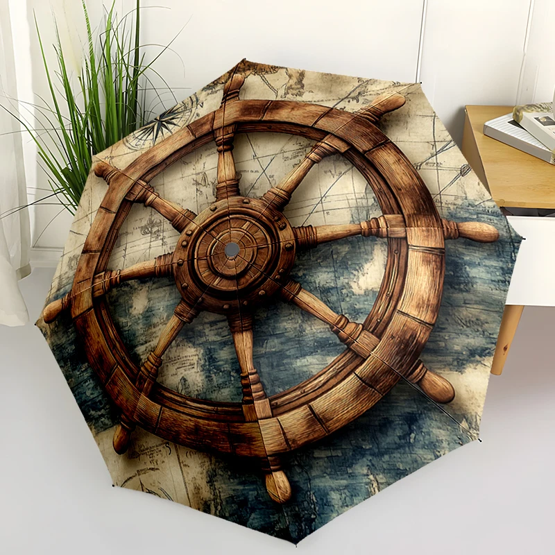 Sailing Ship Rudder Folding Umbrella Fashion Auto-Open Design 8 Iron Ribs Plastic Handle Foldable Sunshade Perfec Christmas Gift