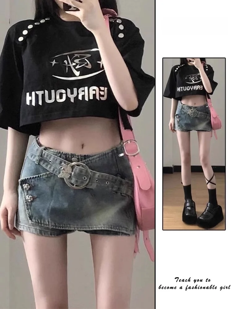 

Новая женская джинсовая мини-юбка с низкой талией, летняя, больших размеров, облегающая, А-силуэт, с запахом, в стиле Hot Girl, для повседневной носки, с высокой талией