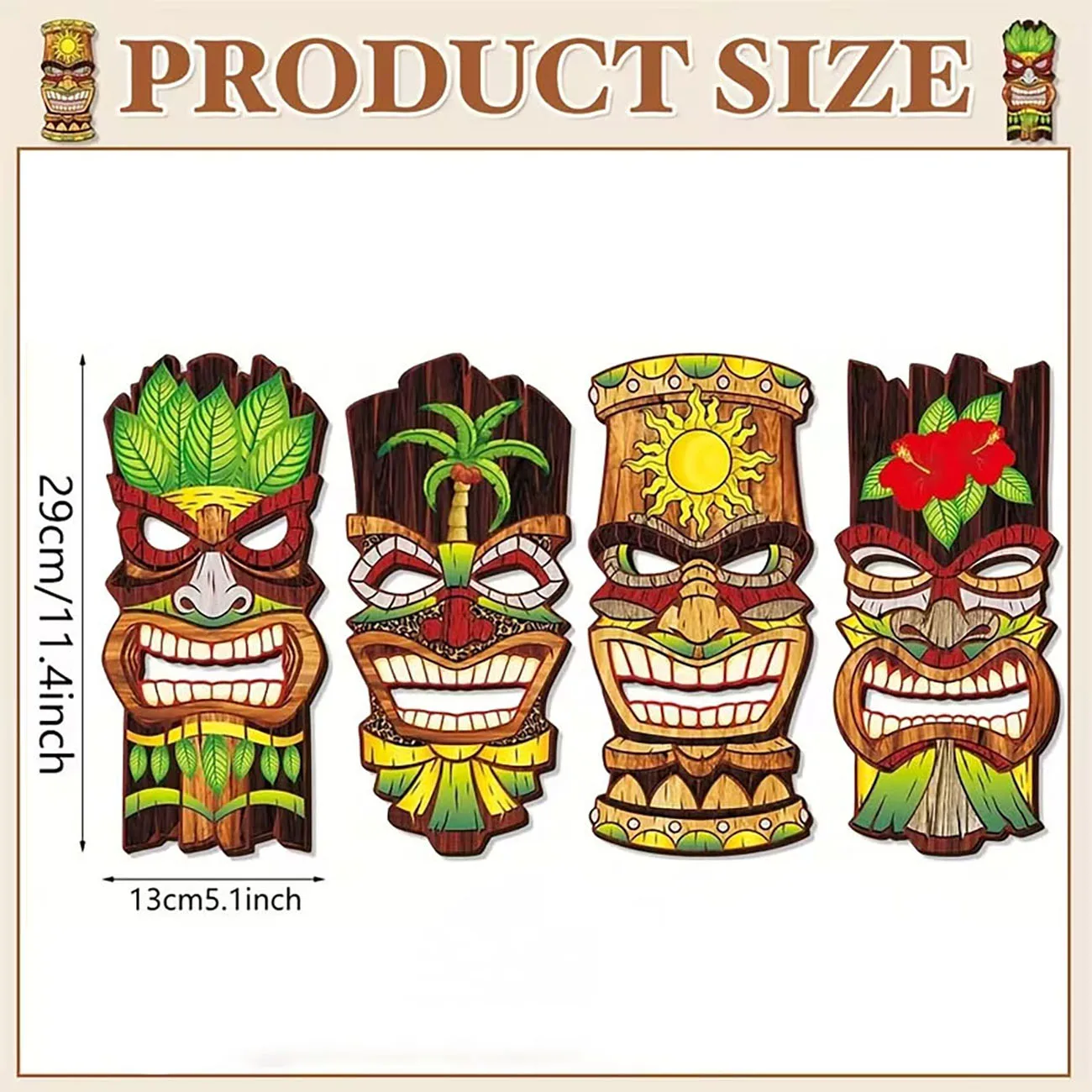4Pcs Tiki Mask Wooden Wall Decor with Nano Tape, Hawaiian Tribal Wall Art