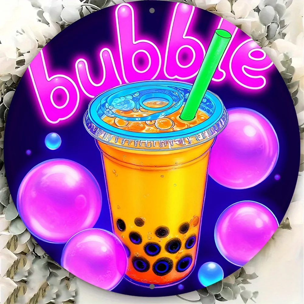 Teacup wooden wall decoration - 8-inch round bubble beverage ornament, featuring tapioca design, in neon style