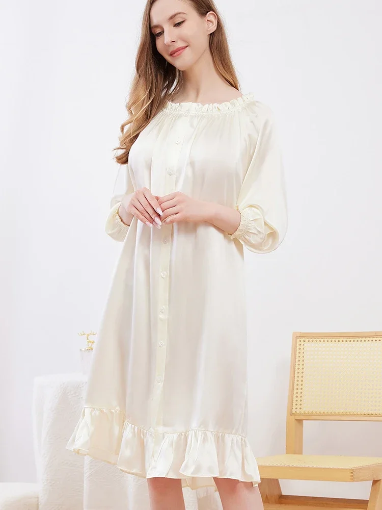 19MM 100% Mulberry Silk Plus Size Cardigan Nightdress Ruffle Button Down Lapel Nightgown Women Long Sleeve Sleepshirt Midi Dress