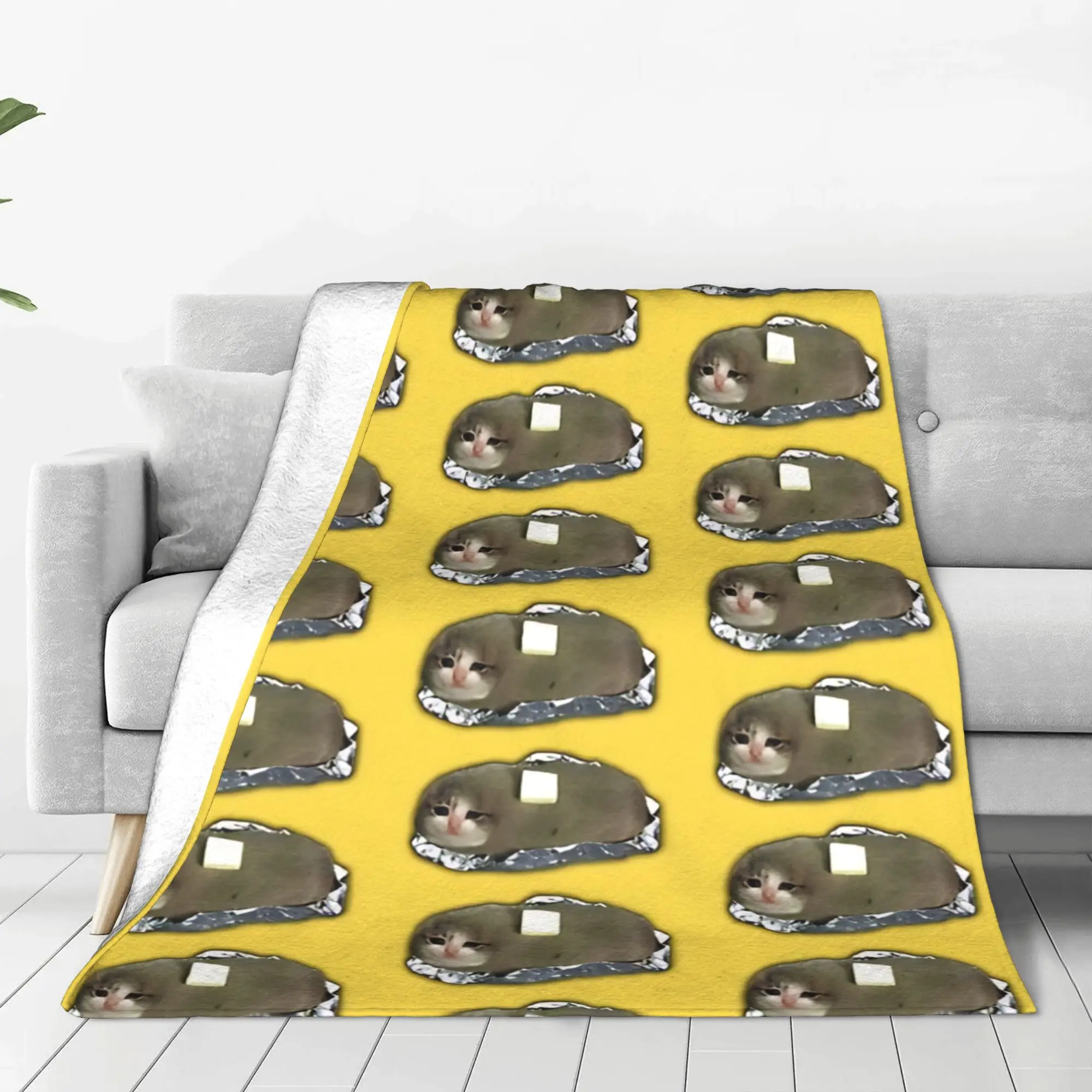 1PC Home Cute Room Decor sad potato cat with butter Blanket Throw Blanket Cat meme Novelty Warm Blanket All Season