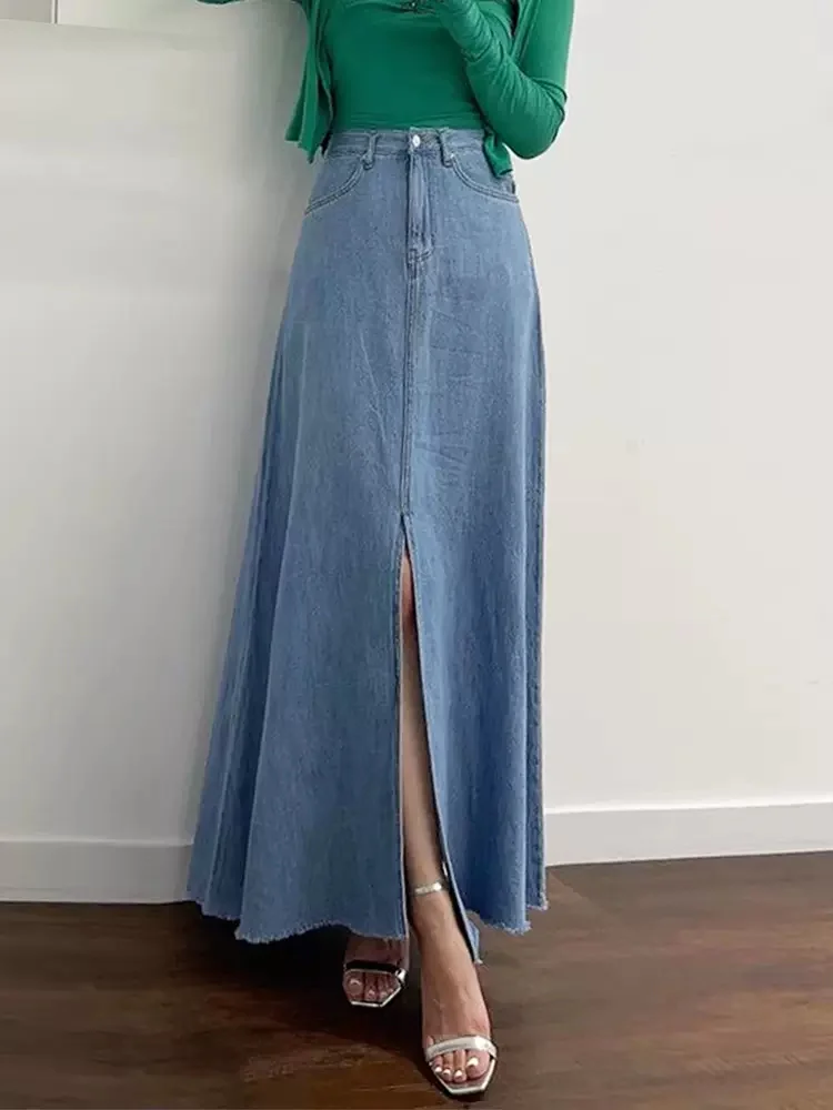 Koreaanse Chique Zomer Gewassen Blauwe Denim Rok Retro Stijl Hoge Taille Voorkant Slit Rok Met Rauwe Rand A-Lijn Lange Rokken Voor Vrouwen