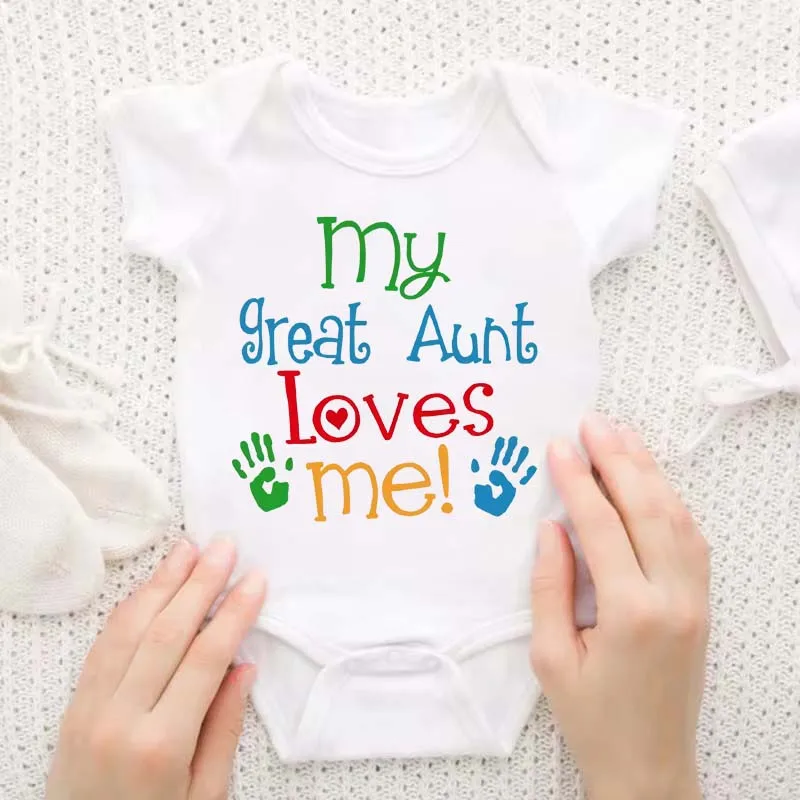 

Моя великая тетя любит меня, забавная одежда с буквенным принтом для новорожденных девочек и мальчиков, повседневный комбинезон с короткими рукавами для младенцев, комбинезон, От 0 до 24 месяцев