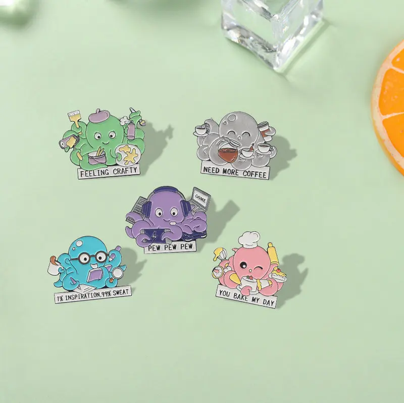 Alfileres de esmalte de pulpo de trabajo duro, broches de programador de postres de pintor de animales personalizados, Pin de solapa, insignia de camisa, joyería de dibujos animados del océano