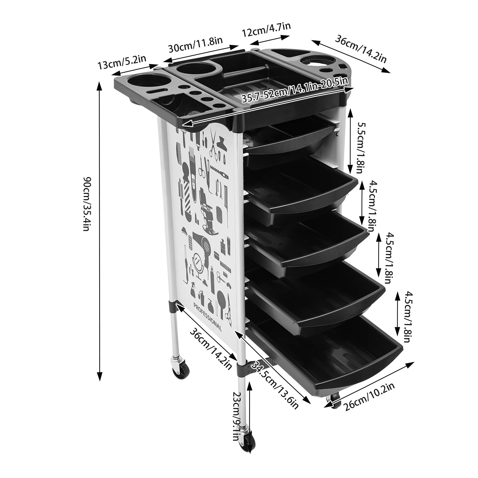 Carrello salvaspazio per salone di bellezza, carrello portaoggetti per parrucchiere, cassetti