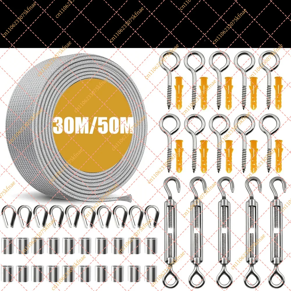 2mm PVC Coated Stainless Steel Wire Rope Kit 30/50M Outdoor DIY Cable Clothesline Sunshade Garden Fence Camping Tension Rope