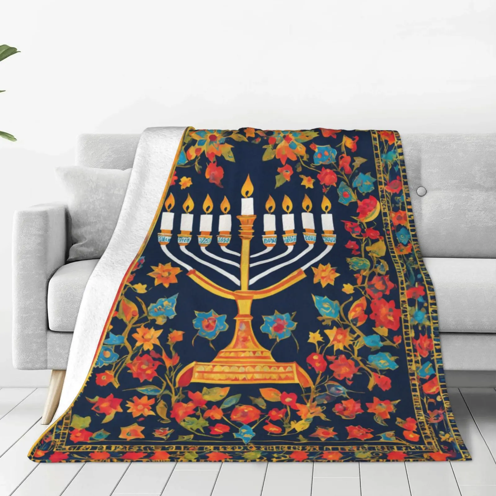 

Hanukkah Throw Blanket Sofa Cover Designer 9 Branch Menorah Israel Jewish Religious Soft Cozy Microfiber Flannel Huggl Bed