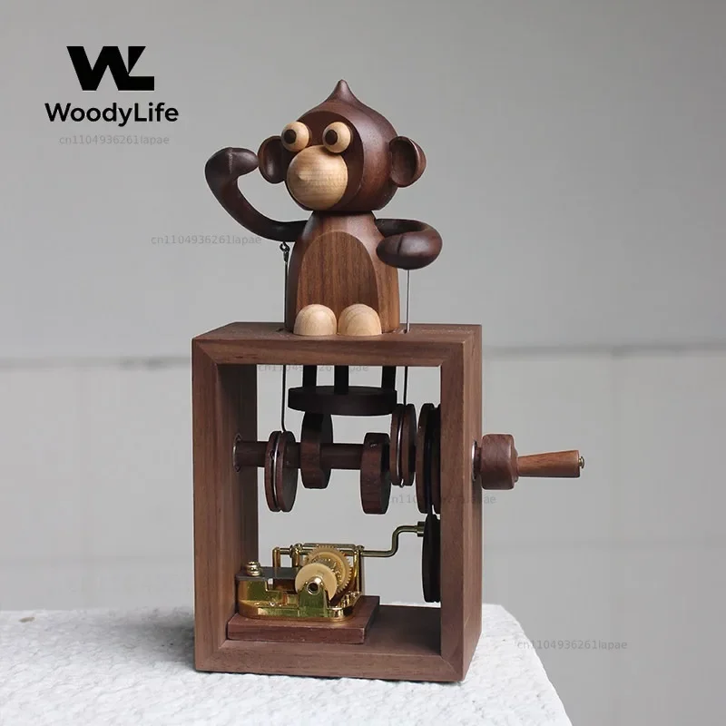 Monkey Hand Crank Music Box Tabletop Ornament Wooden Music Box Home Decoration Graduation Birthday Gift