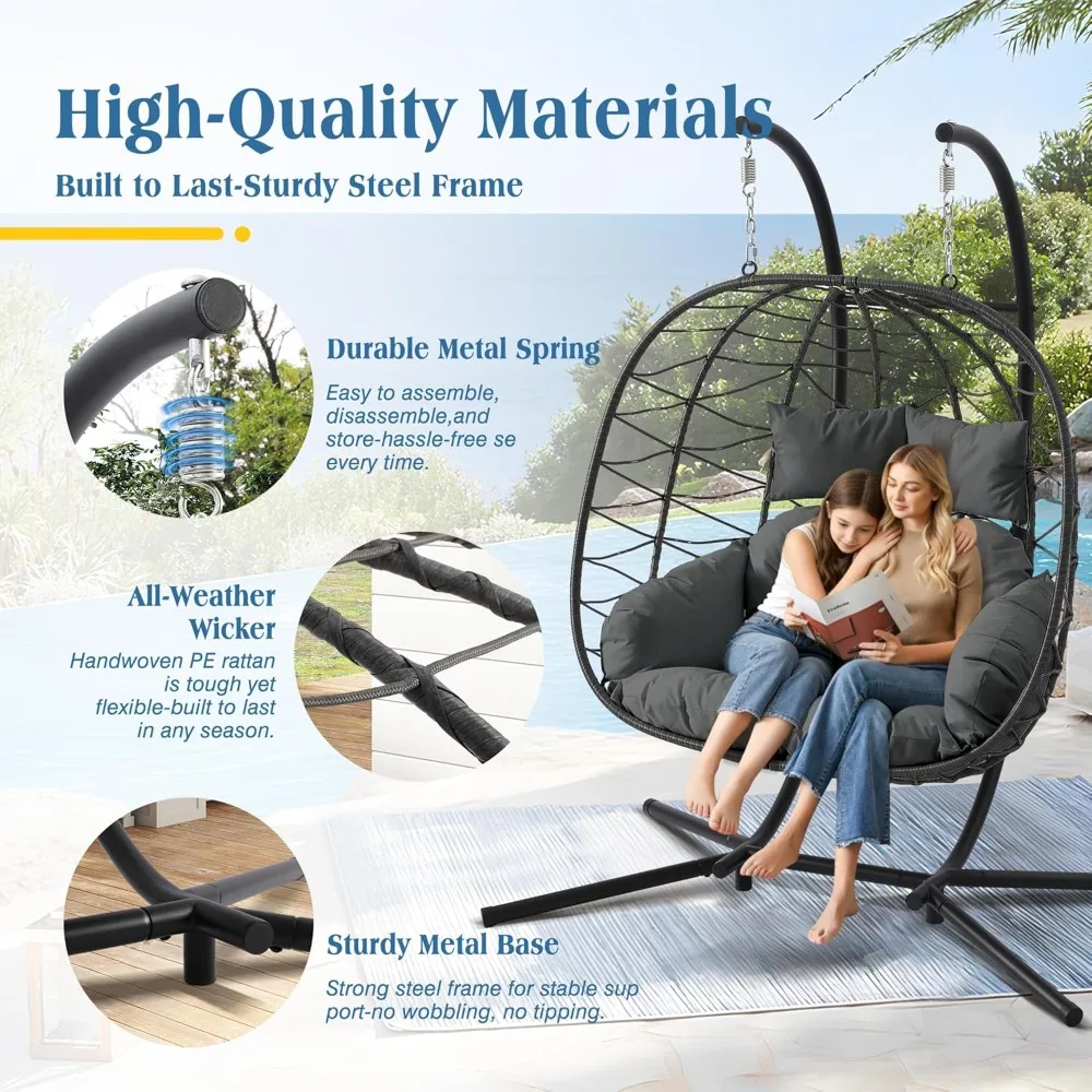 

Double Hanging Egg Chair with Stand, Foldable 2-Person Wicker Porch Swing Chair Outdoor Indoor, Heavy Duty Rattan, Customized