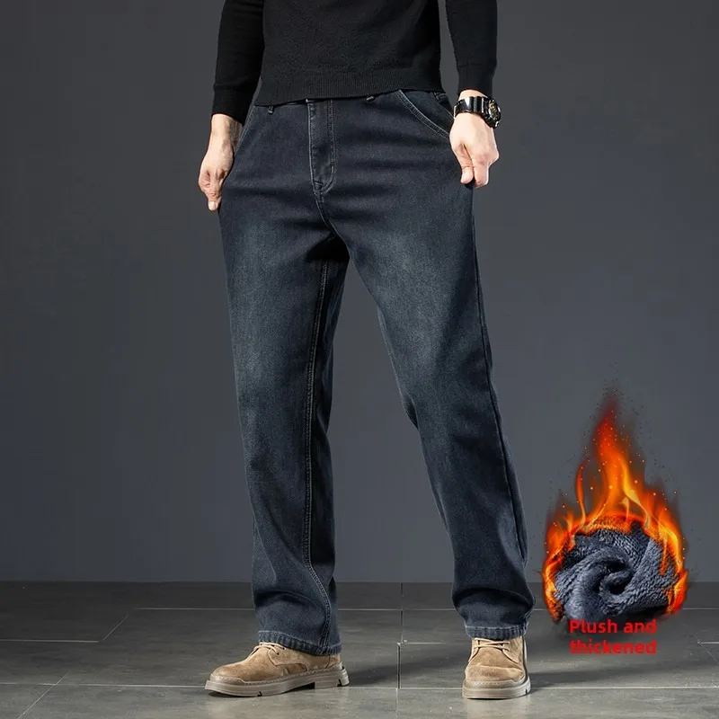 2024 Heren Winter Warm 3 Kleur Straight Thcik Fleece Jeans Mode Casual Baggy Klassieke Stijl Effen Denim Broek Mannelijke Kleding