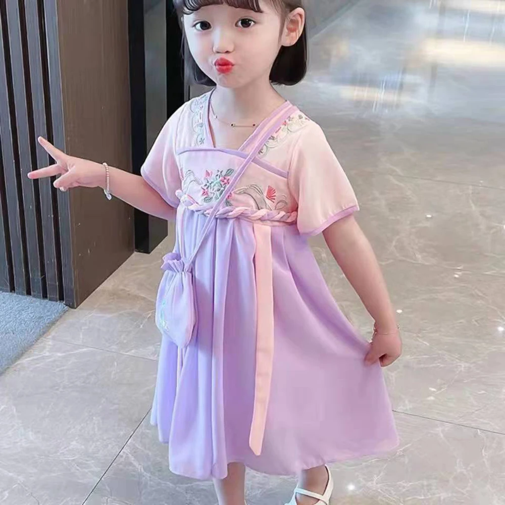 2024 neue Kinder kleidung alten Stil Sommer Chiffon Kleid Fee Mädchen Hanfu Mädchen alten Kostüm chinesischen Stil Tanz kleid