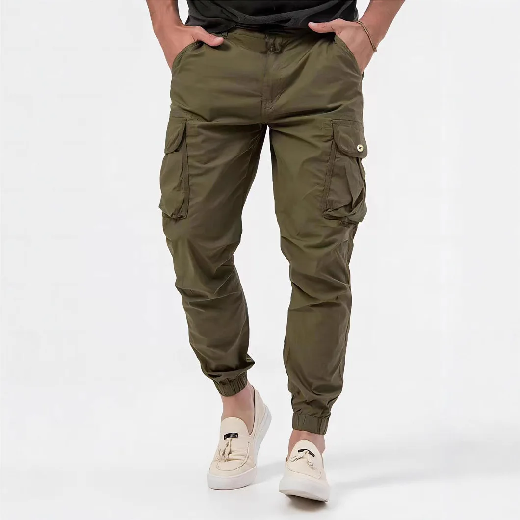 2026 New Men's Three-Dimensional Pocket Woven Cargo Pants with Drawstring Waistband Cuffed Casual Long Solid Color Trousers