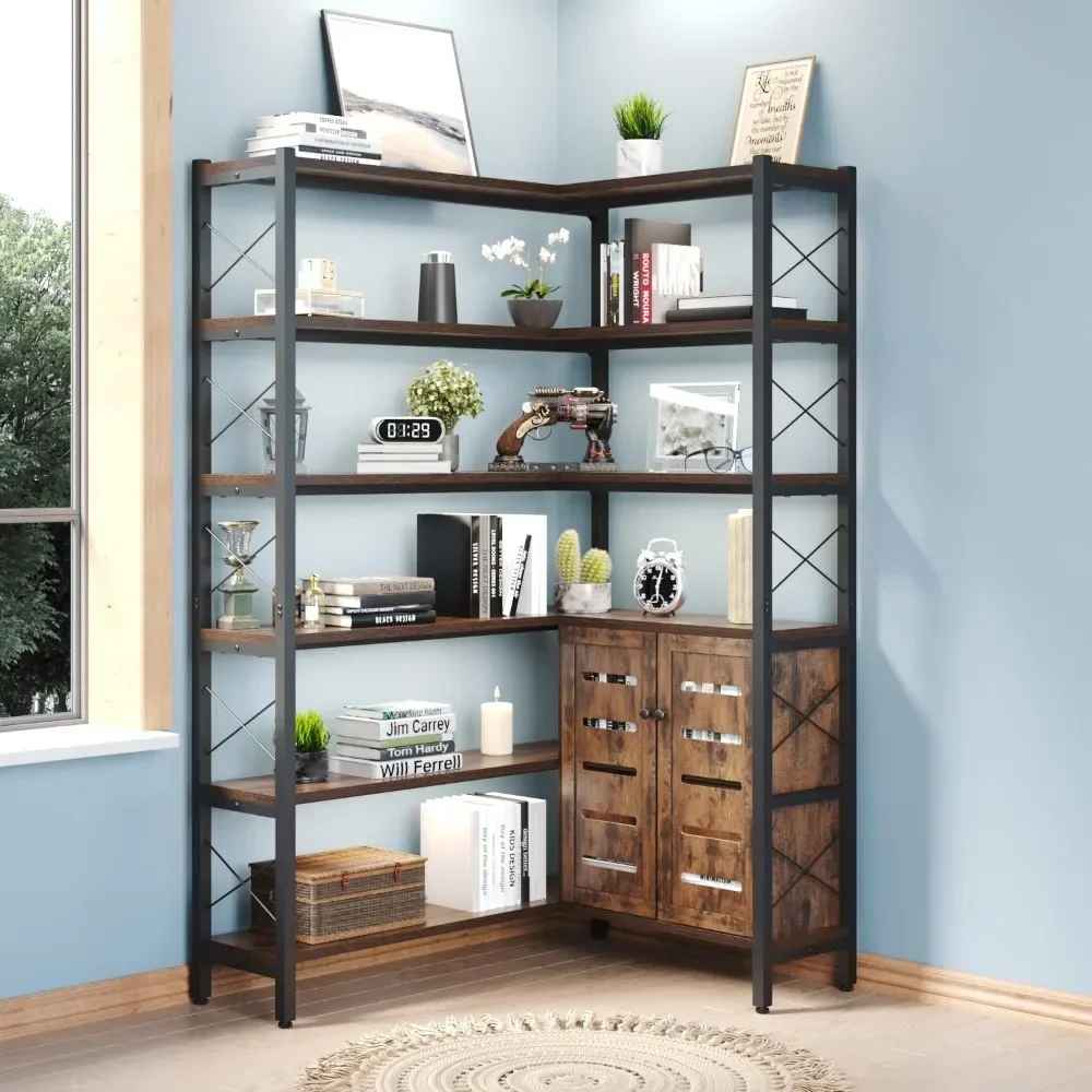 6-Shelf Corner Bookshelf, Corner Bookshelf Etagere Bookcase, Large Book Shelf with Metal Frame Open Storage Corner Cabinet