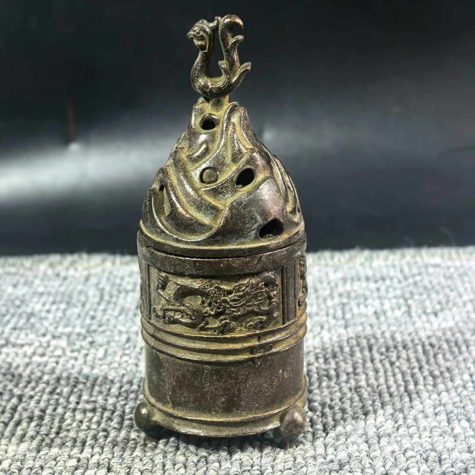 Antique Bronze Zhuque Phoenix Boshan Incense Burner Double Dragon Wealth