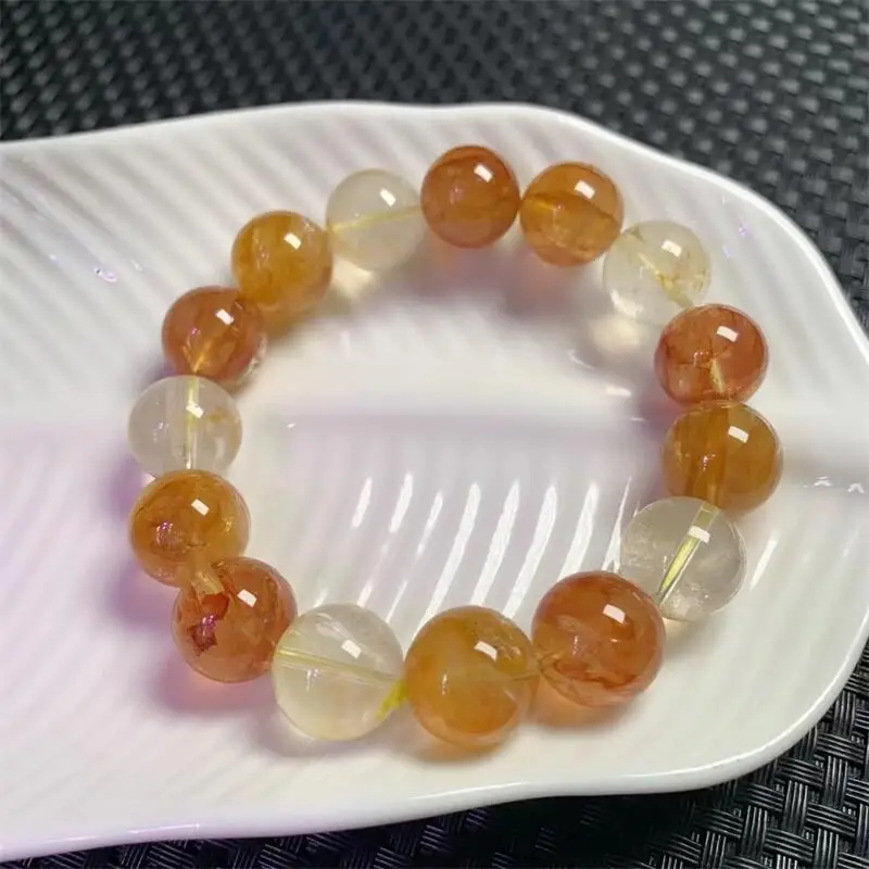 

14MM Natural Yellow Fire Quartz Hematoid Bracelet Crystal Reiki Gemstone Fashion Jewelry Fengshui Women Healing Gift 1pcs