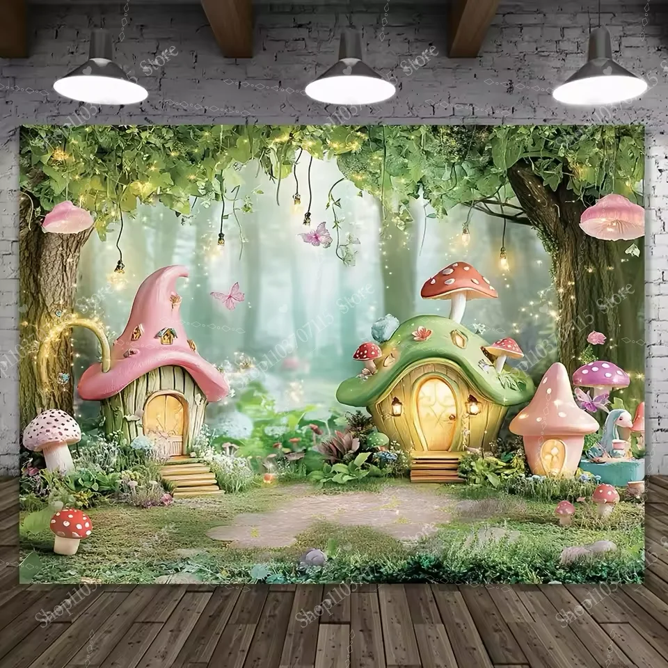 

A set of magic forest mushroom house background, photography background for boys and girls' birthdays and Children's Day