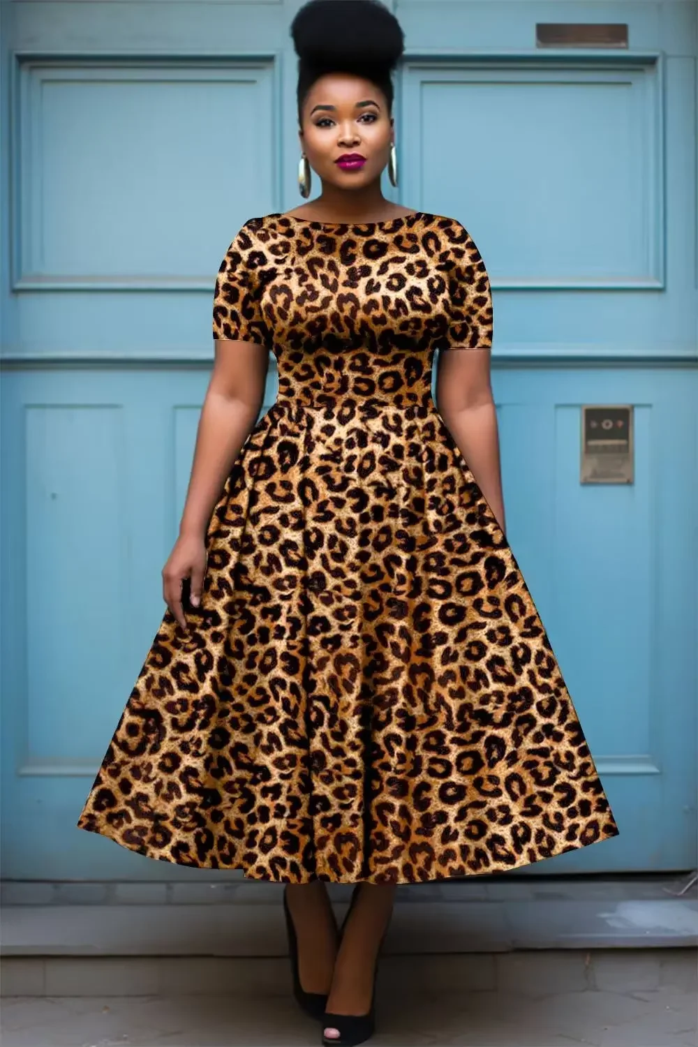 

Women Plus Size Leopard Printed Dress Round Neck Short Sleeve A-Line Pleated Elegant Vintage High Street Evening Dresses 2025
