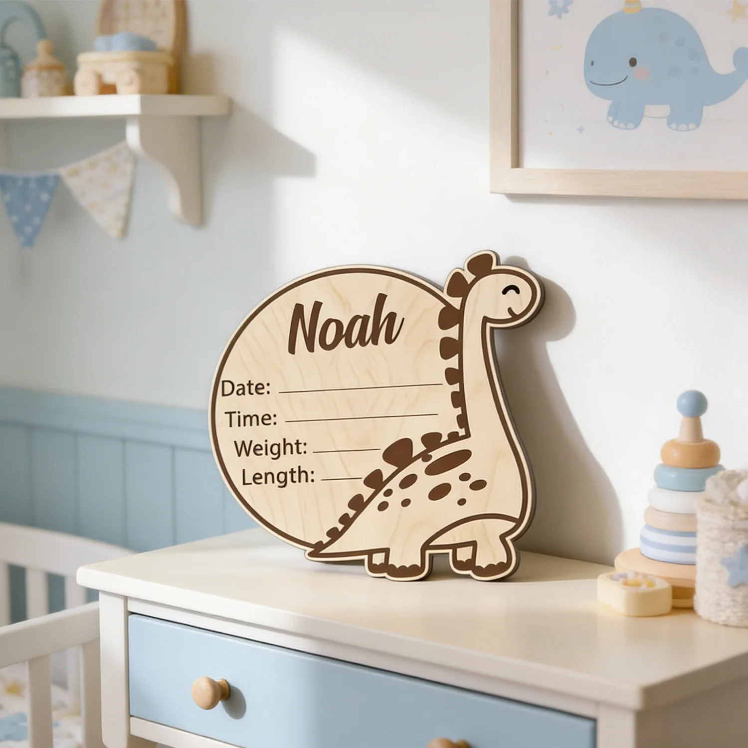 1pc Wooden Dinosaur Birth Tag, Custom Name, Birthday/baptism/anniversary Banquet Commemorative Gift, Children's Room Decoration