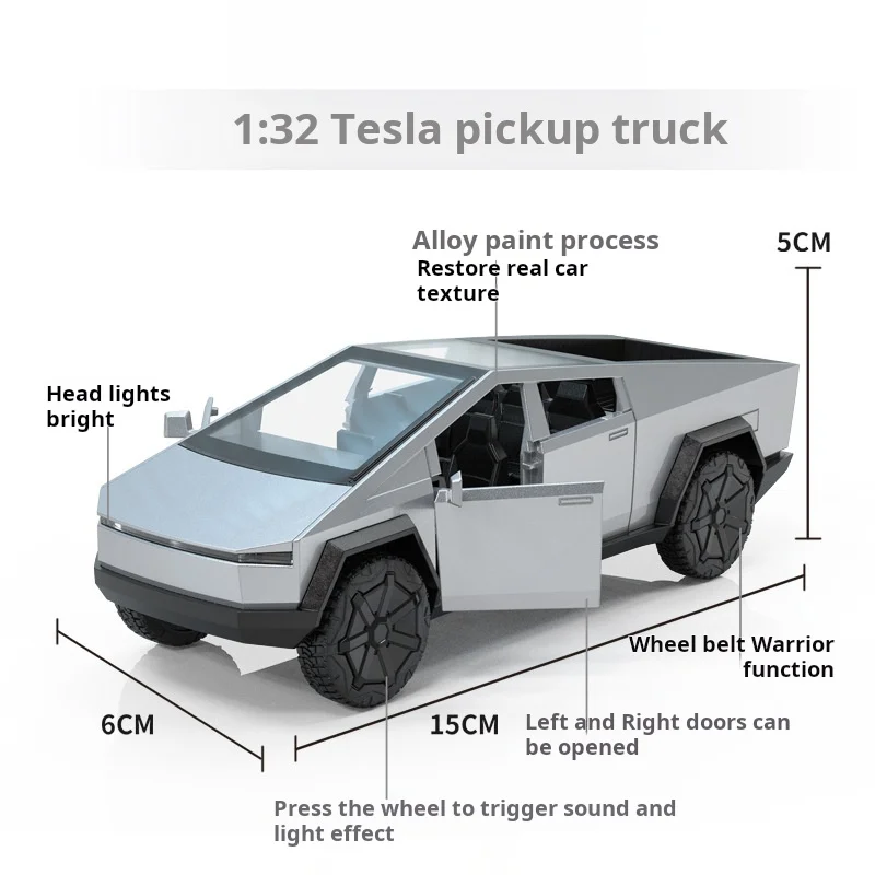 1:32 Tesla Pickup Truck Modello in lega Auto per bambini Giocattolo Pull-Back Suono Luce Auto a due porte Pressofusione Giocattolo Festival Regalo
