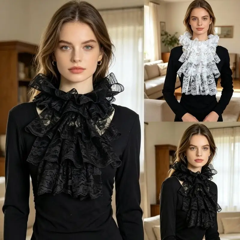 Party Wear Lace Collar Detachable Neck Accent with Layered Detail for Costume Looks, Stage Styling and Photo Use Y166