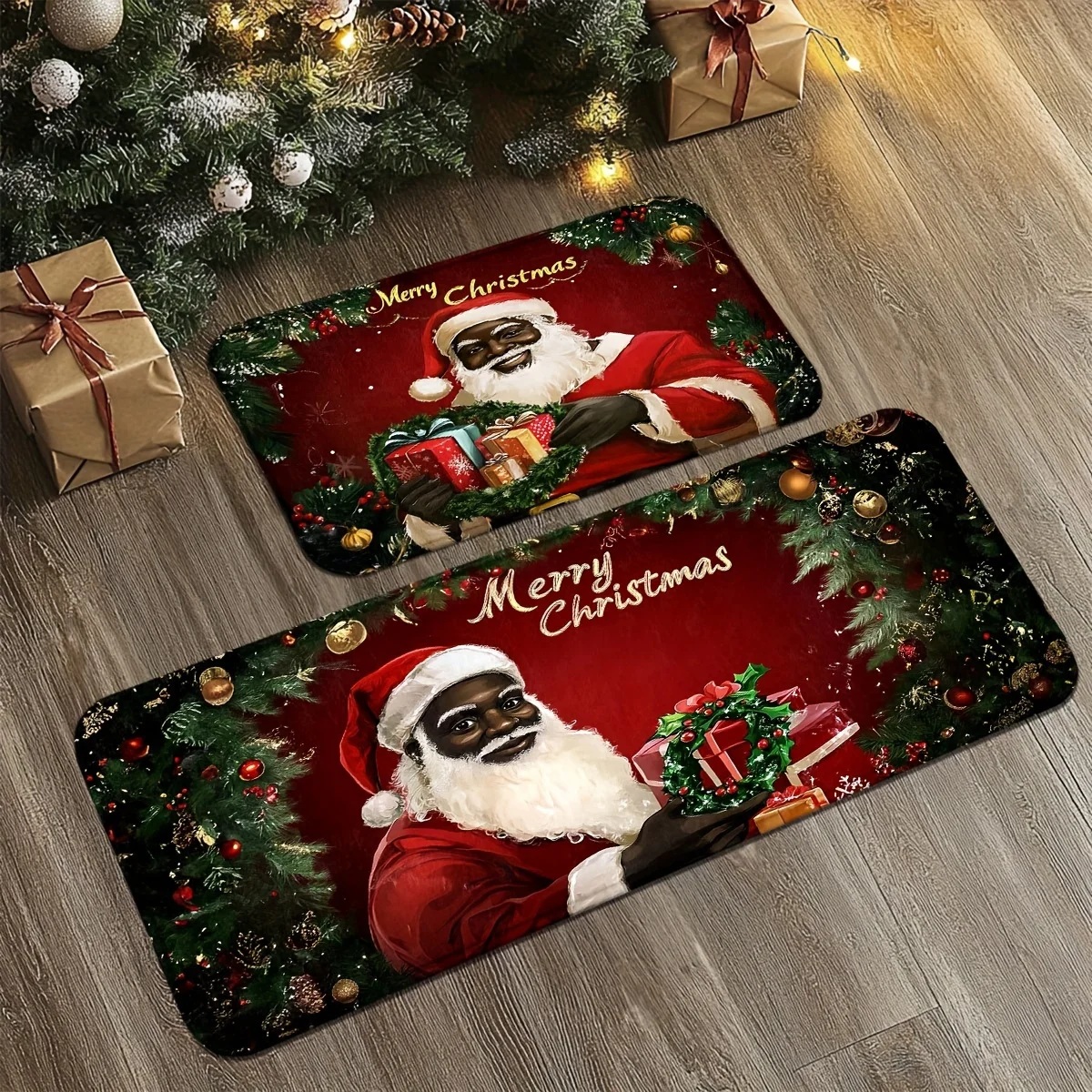 VIKAMAHoliday Christmas Black Santa Claus Christmas Gifts Christmas Decoration Red Background Black Santa Claus welcome doormat