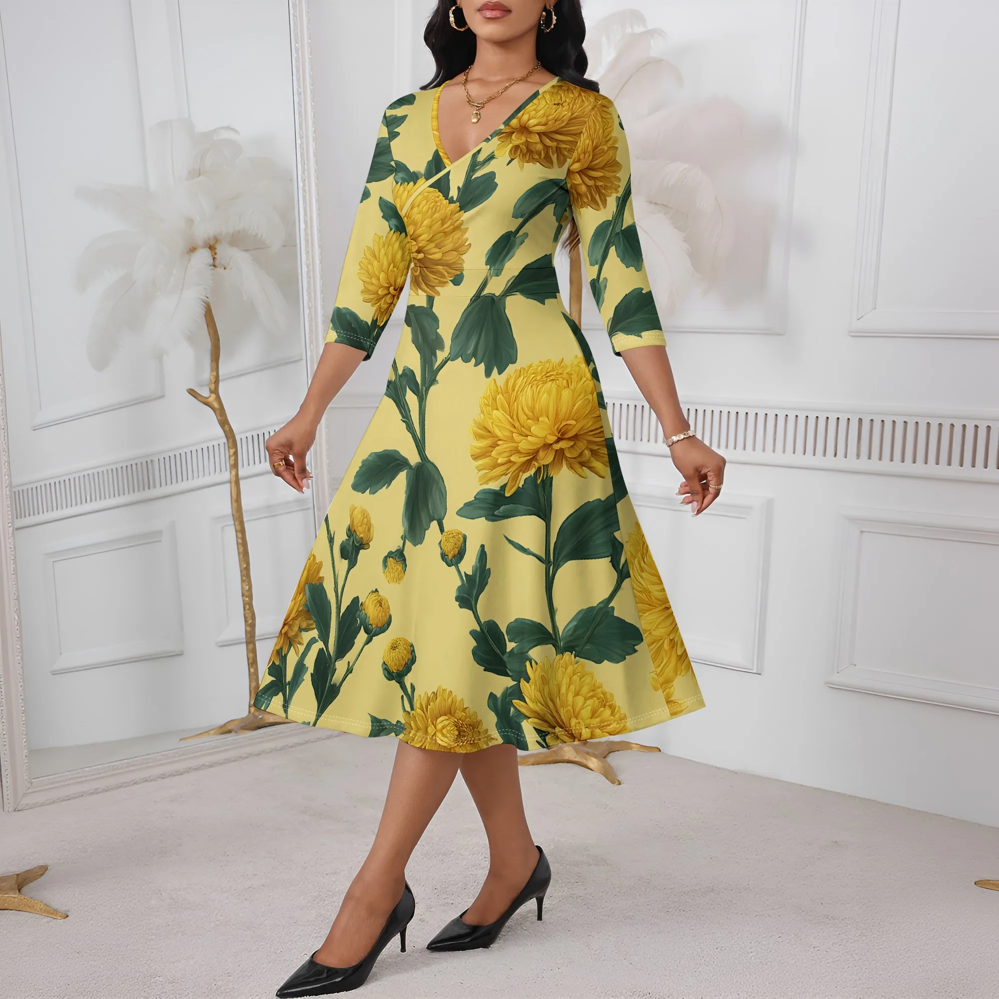 

Yellow Chrysanthemum Wrap Dress XS-3XL V-Neck 3/4 Sleeve Style for Easter Sunday, Mother’s Day or Spring Garden Brunch Look