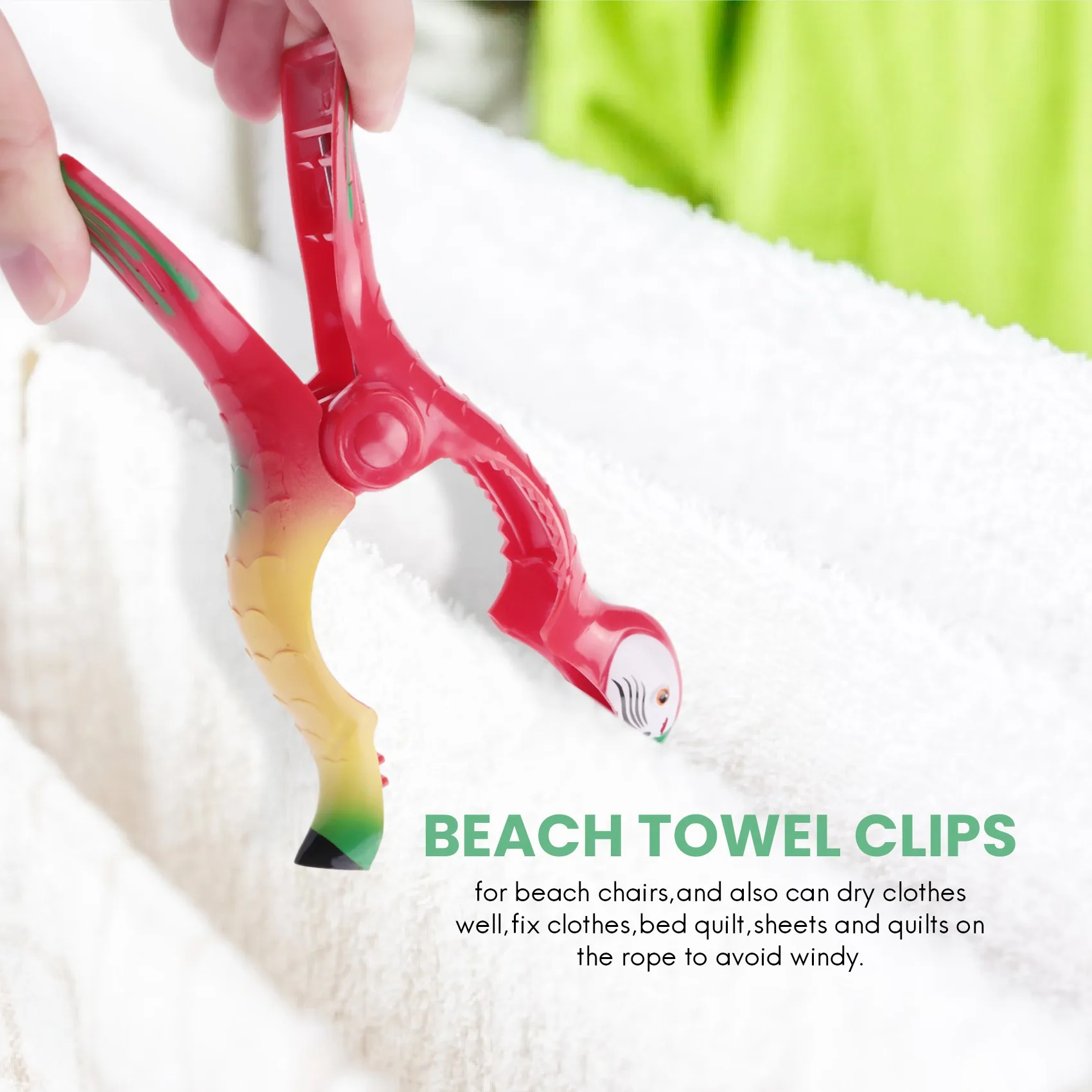 A36T-4Pcs Beach Towel Clips For Sun Loungers, Parrot Bird Towel Clips Large Windproof Clothes Hanging Peg Quilt Clamp Holder