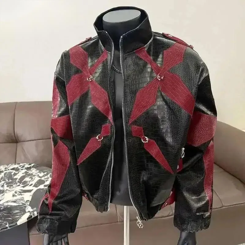 Men's PU Leather Jacket 2025 Trend New Zipper Stand Collar Contrast Color High Street Coats Fashion Menswear CDR45