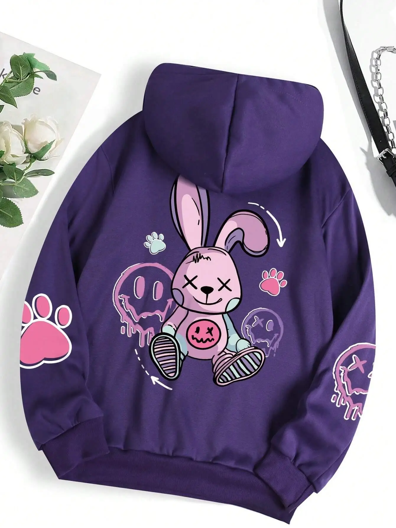 Casual Womens Hoodies Good Cartoons Pink Rabbit Cute Printing Pullovers Fleece Warm Loose Pocket Sweatshirts Autumn Clothing