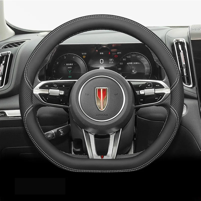 

For Hongqi Hs3 2023 Universal D-type Car Steering Wheel Cover Interior Handle Shell Car Accessories Genuine Leather Black