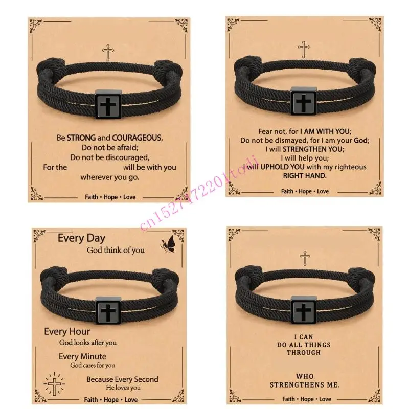 Modern Unisex Wristband With Intricate Crosses Detail On Soft Rope And Polished Stainless Steel Links M76B