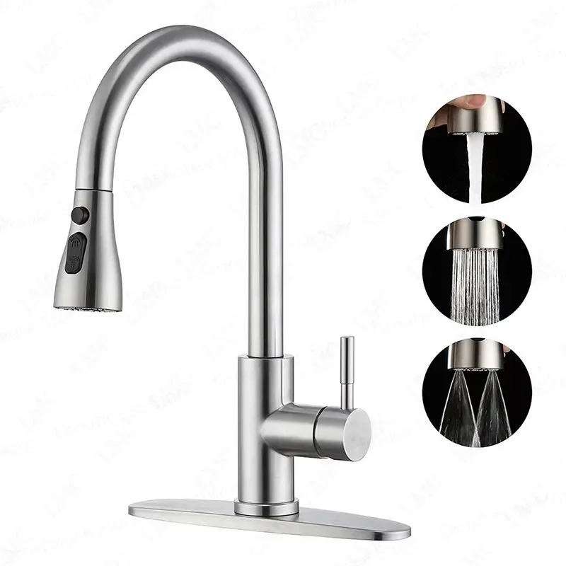360° Swivel Pull-out Rotating Kitchen Faucet Stainless Steel Hot Cold Water Sink Faucet with Water Inlet Hose