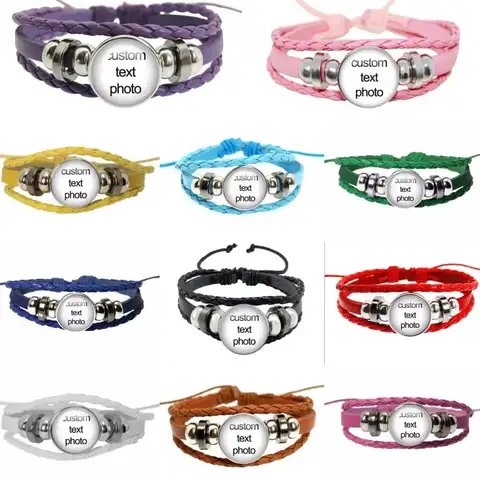 Custom Photo Multilayer Custom Colorful Leather RopeLeather Bracelet Handmade Custom LOGO Glass Dome Bracelet Men And Women