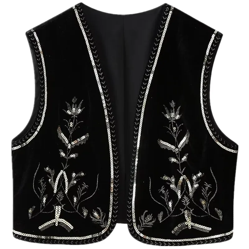 Women's Velvet Cotton Embroidered Svel Open Front Vest 2024 Autumn Winter New Arrival Faion Versatile ort Length
