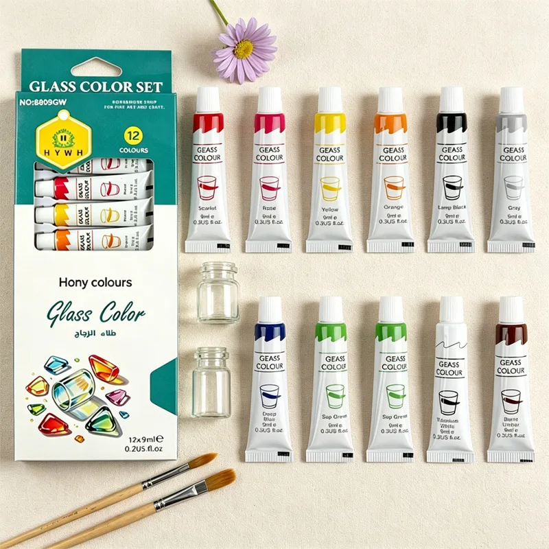 12 Color Glass Painting Pigment Set,9ml Tube Waterproof Transparent Glass Color Paint For Diy Glass Ceramic Craft Graffiti