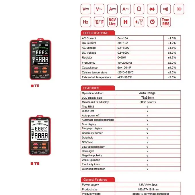 Utility Screen Digital Multimeter T5 Automatically Recognizes 6000 Counting Dual Display With Analog Bar Picture Color Screen
