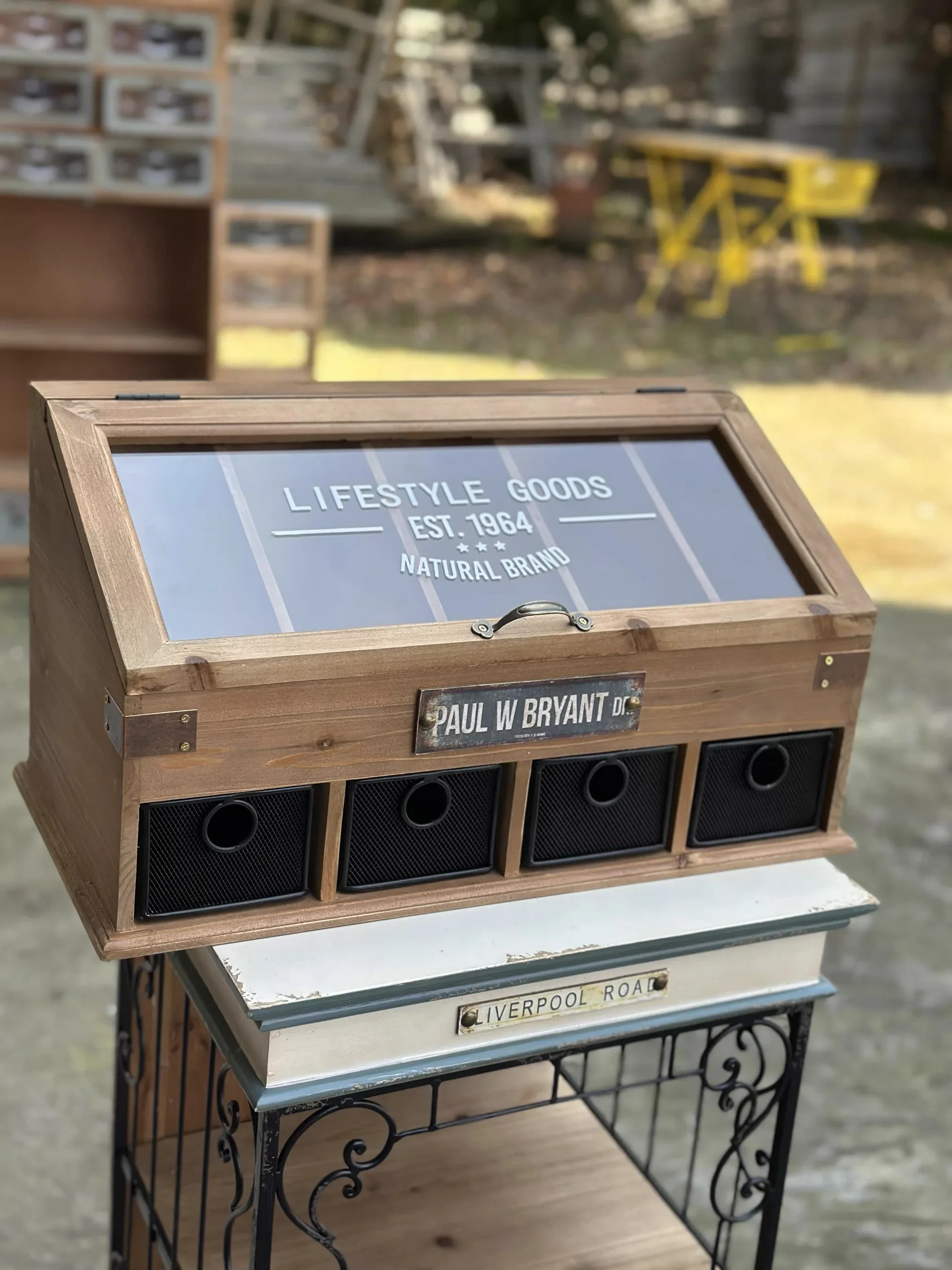Rustic Wooden Storage Box with Glass Lid and 4 Metal Mesh Drawers, Vintage Style, 20 x 9.8 x 10.6 Inch