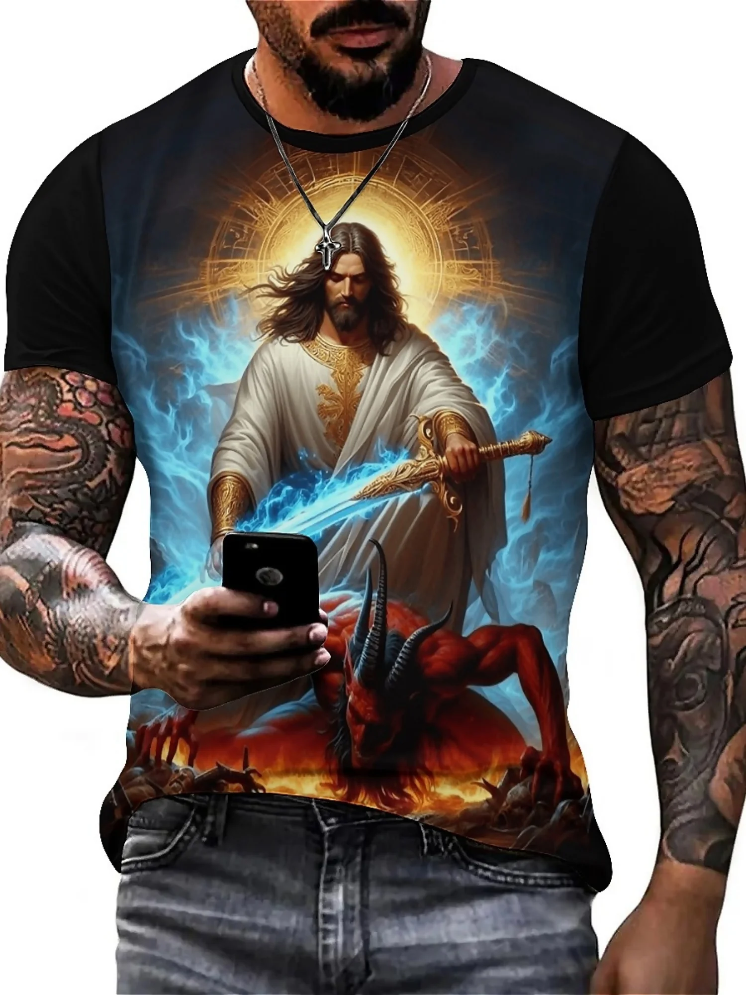 Jesus vs. Devil 3D Graphic T-Shirt - Bold Religious Battle Print, 100% Polyester, Loose Fit Short Sleeve Tee for Men & Teens