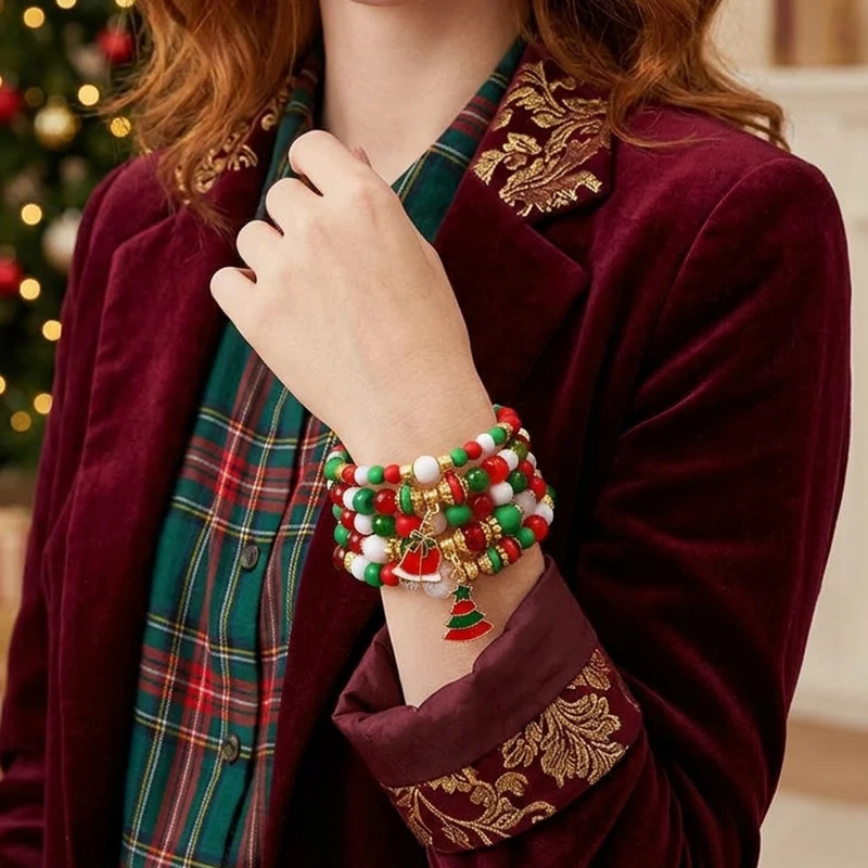 Bohemian Christmas Multilayer Bracelet Set Unisex Apparel Accessories Santa Tree Snowflake Pendant Strand Braslet Party Trinket